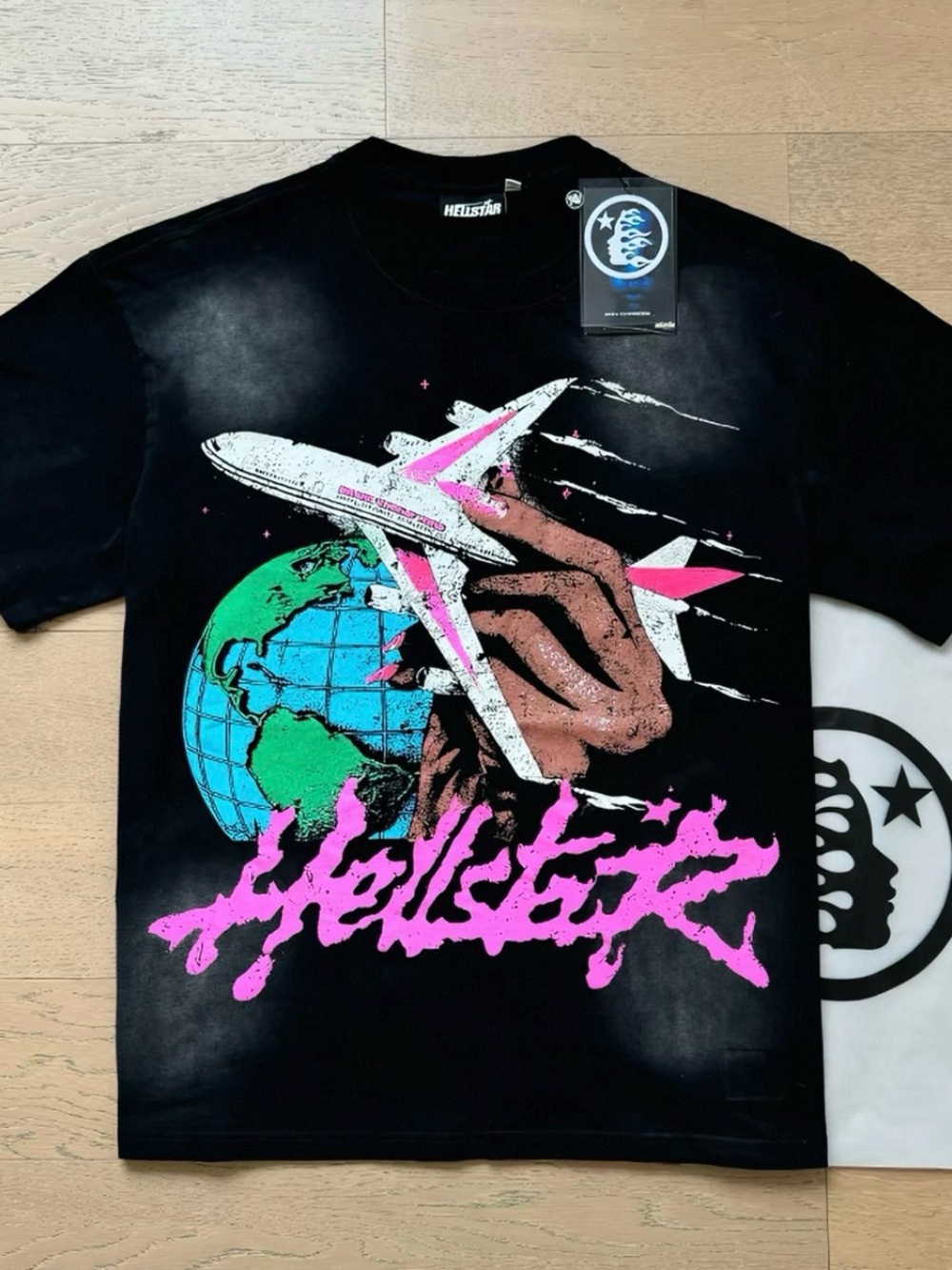 Hellstar Men’s Black Graphic Tee with Pink & Blue Globe Print